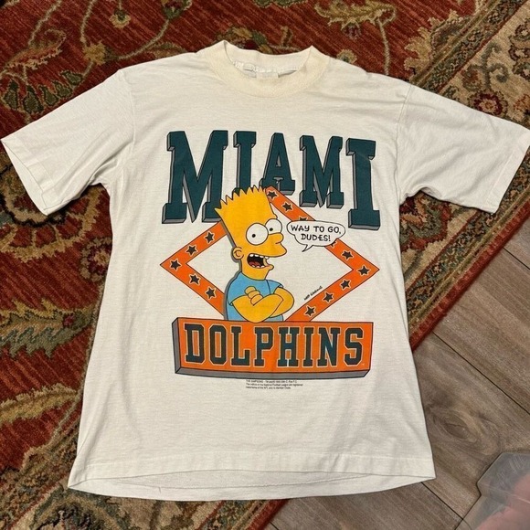 Vintage 1990 Bart Simpson Miami Dolphins Graphic Tee T-shirt Men Large NFL Footb - Picture 2 of 8